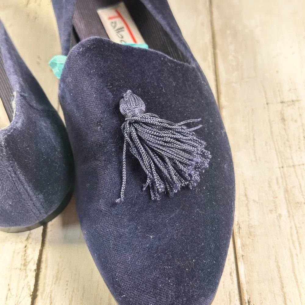 Talbots Womens Blue  Velvet Slip On‎ Smoking Flats Tassels Loafers Shoes sz 8AA
